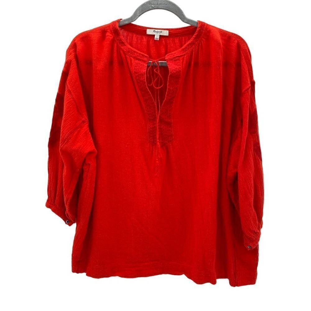 Madewell Blouse Red Embroidered Tassel Boho Oversize Top Women's Size S